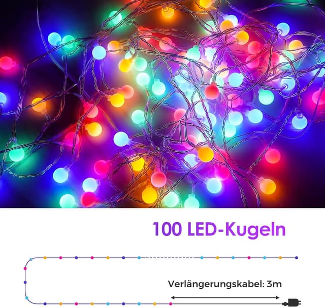 Detalle de RGB Kugel-Lichterkette mit 100 LEDs, 15 m, IP44, dimmbar per Fernbedienung (Steckerbetrieb)