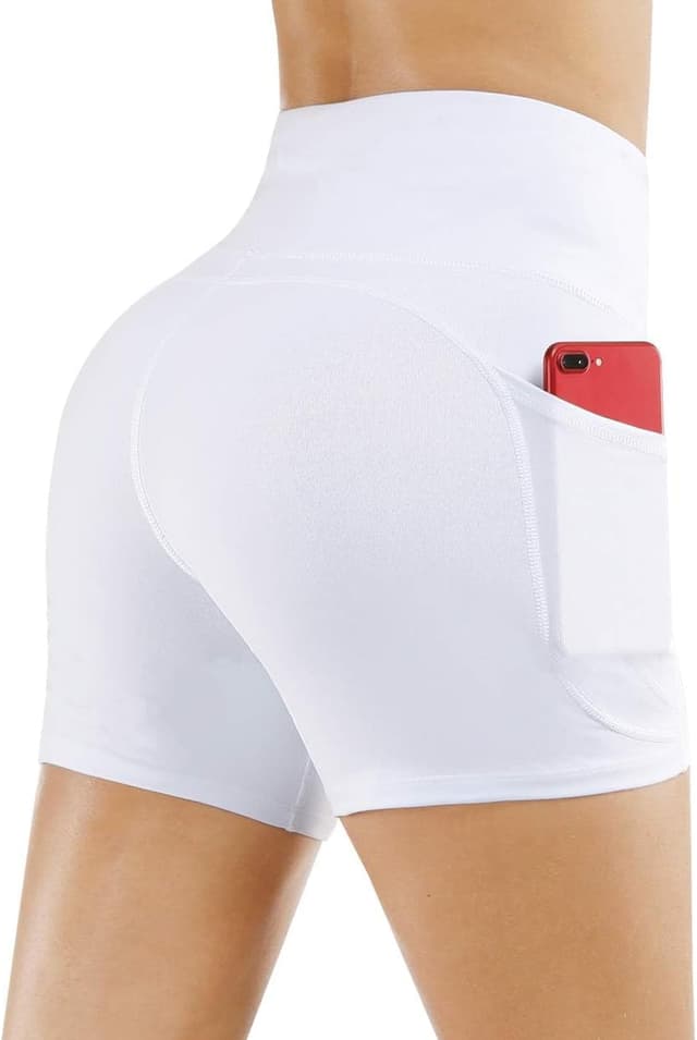 Detalle de THE GYM PEOPLE Pantaloncini Sportivi Donna a Vita Alta con Tasche per Yoga, Palestra, Corsa Estiva