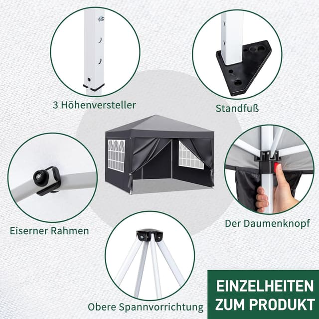 Detalle 2 de TactFire Pavillon 3x3 m – faltbares wasserdichtes Partyzelt mit UV-Schutz 50+ und 4 Seitenteilen (grau)