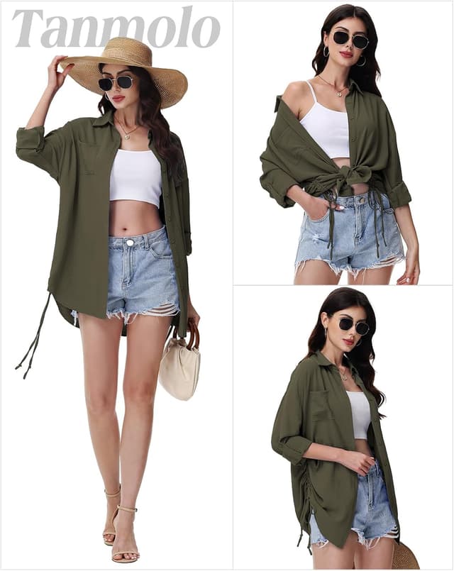 Detalle de Tanmolo Damen Longbluse mit V-Ausschnitt, Knopfleiste und Kordelzug (Langarm/Tunika)