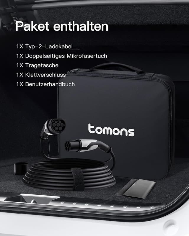 Thumbnail 6 de tomons Typ 2 Ladekabel 22 kW, 5 m, 32 A (3-phasig) – Typ-2-auf-Typ-2 für EV/PHEV mit Tasche