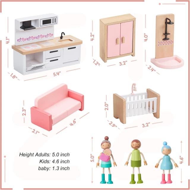 Detalle 2 de Giant bean Puppenhaus Möbel Set aus Holz (36-teilig) – Rosa, Puppenhaus-Zubehör für Kinder ab 3 Jahren