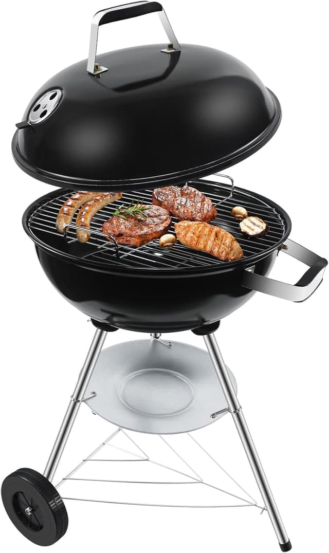 Detalle de kisidus Kugelgrill Holzkohlegrill mit porzellanemailliertem Deckel, Dreibein & Rädern (51 x 46,5 x 78 cm)