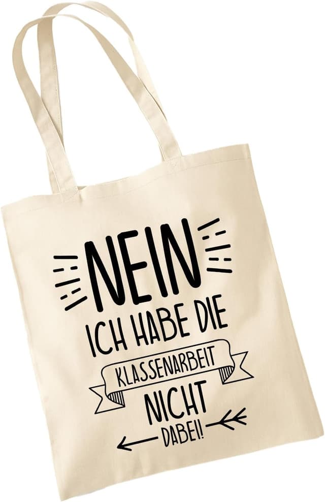 Detalle de Baumwolltasche mit Spruch „nein ich habe die Klassenarbeit nicht dabei“ – OM3 Stoffbeutel mit langen Henkeln