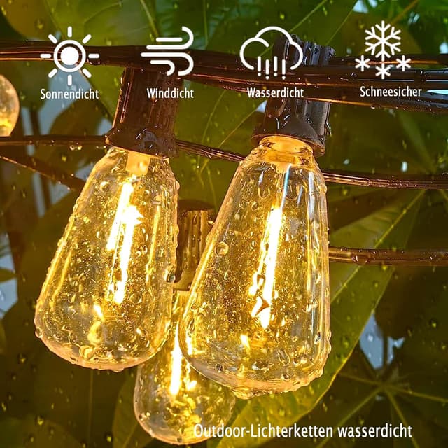 Detalle 2 de LED Lichterkette Außen 30 m mit 50+2 warmweißen ST38 Kunststoffbirnen, IP44