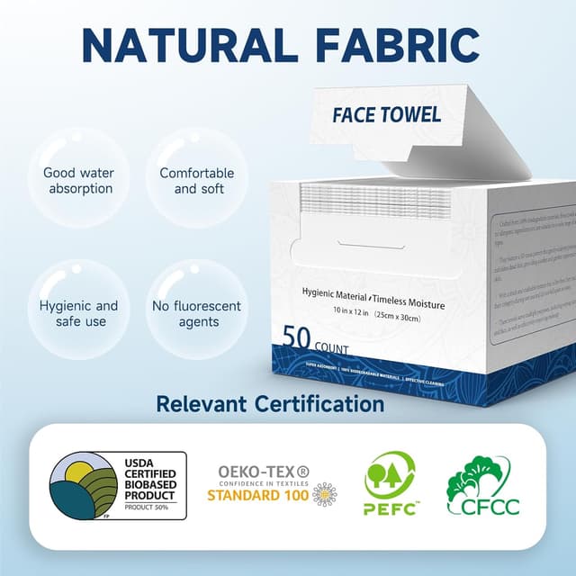 Detalle de HMTM Face Towels Disposable Towelettes (10x12 Inch, 50 Count) — Extra Thick & Soft for Makeup Removal & Cleansing