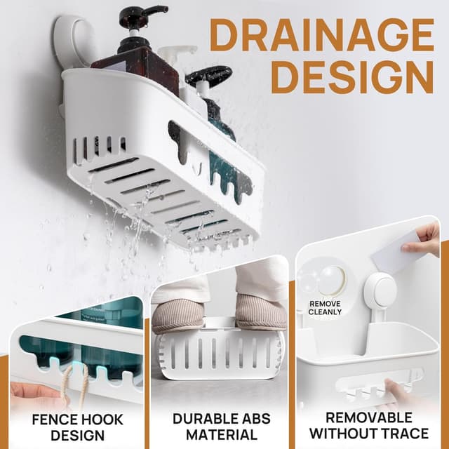 Detalle de LEVERLOC Suction Shower Caddy with 2 Baskets and No-Drill Storage Shelf (White)