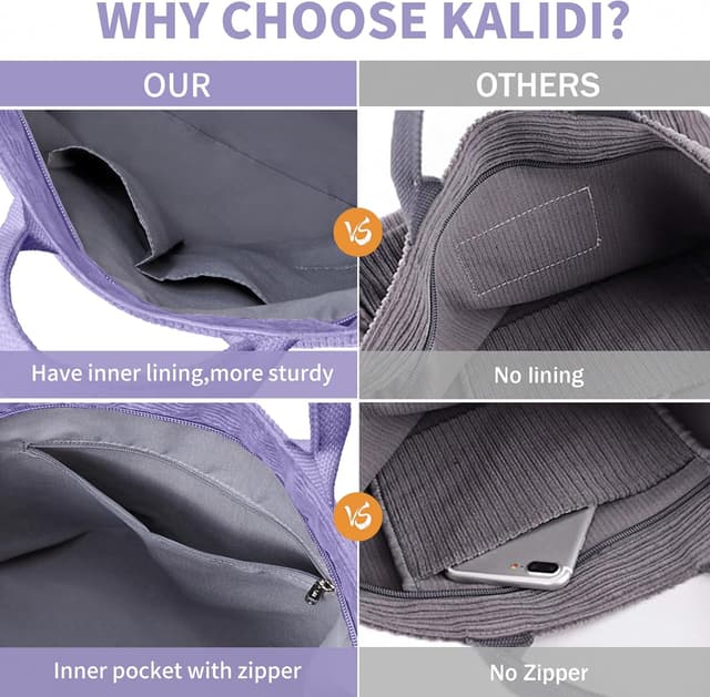 Thumbnail 6 de KALIDI Corduroy Hobo Bag large capacity tote with zip & crossbody strap