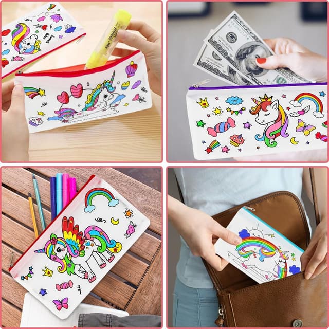 Detalle 2 de Aurasky Einhorn Federmäppchen zum Bemalen mit Stoffbeutel, 10 DIY-Malsets & 4 stapelbare Wachsmalstifte (12 Farben)