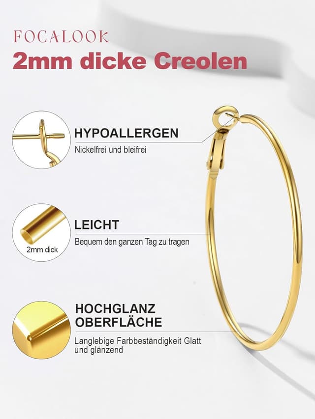 Detalle de FOCALOOK Creolen aus Edelstahl für Damen (30/50/70/100 mm) in Rund-Optik – silber, gold oder schwarz