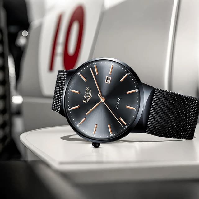 Detalle de LIGE Herren-Uhr Ultra: analoges Quarzmodell mit Kalender, roségoldfarbenen Zeigern & Edelstahl-Gitterband