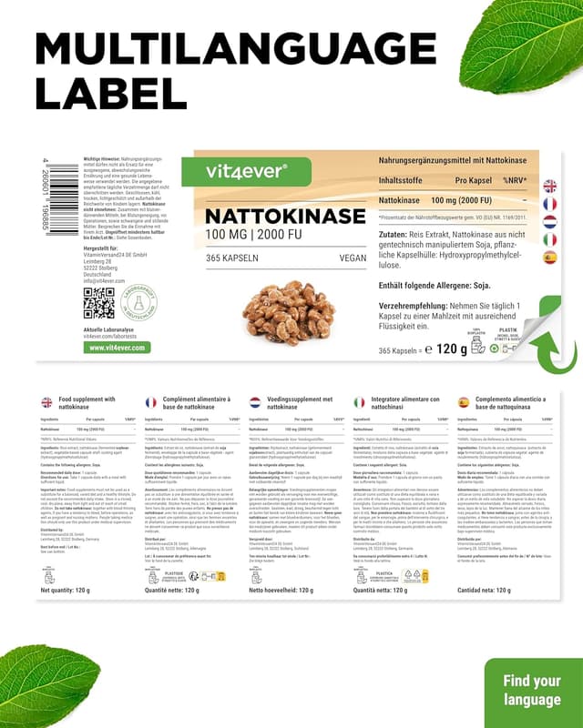 Detalle de vit4ever Nattokinase 100 mg (20.000 FU/g) – 180 Kapseln, vegan