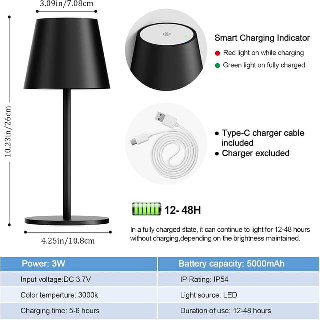 Detalle 2 de lundwa dimmbare Akku-Tischleuchte (2er-Set, 26 cm) mit USB-Ladung, 3 W und 3000 K, IP54 (Schwarz)