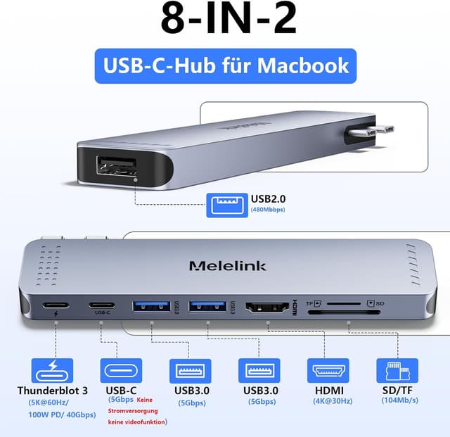 Detalle 2 de USB C Hub Adapter 8-in-2 für MacBook