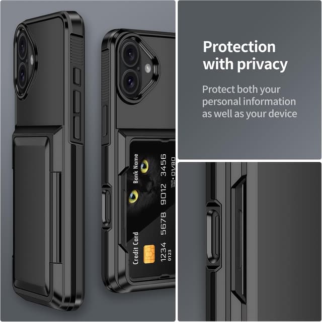 Thumbnail 6 de Aolcev iPhone 16 Wallet Case with Card Holder (up to 4 cards) – Dual Layer Shockproof in Black