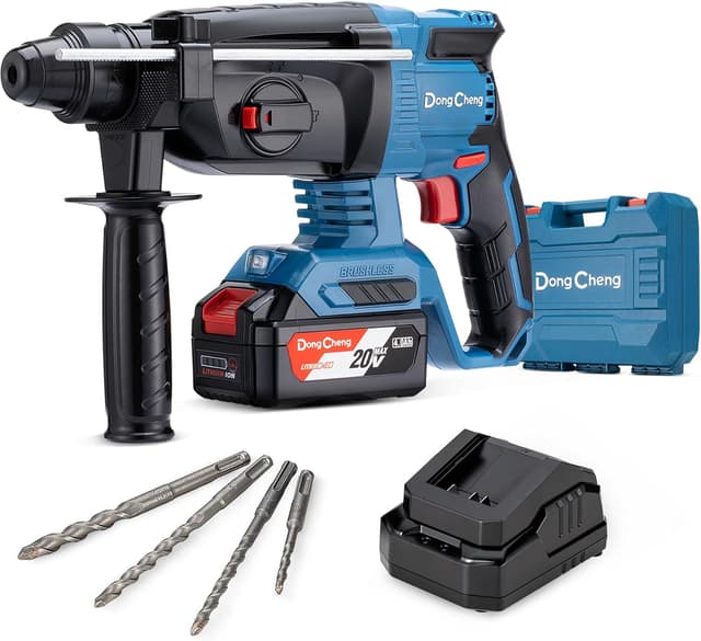Detalle de DongCheng Akku-Bohrhammer 18V (2,8 J) mit SDS-plus, 4Ah Akku & 2A Ladegerät im Handwerkerkoffer