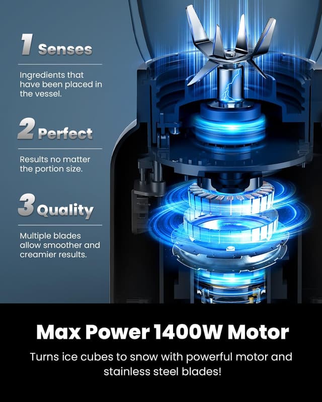 Detalle 2 de SHARDOR kitchen smoothie blender (Max 1400W) with 1.5L glass jar and 700ml to-go cup, 5 intelligent programs