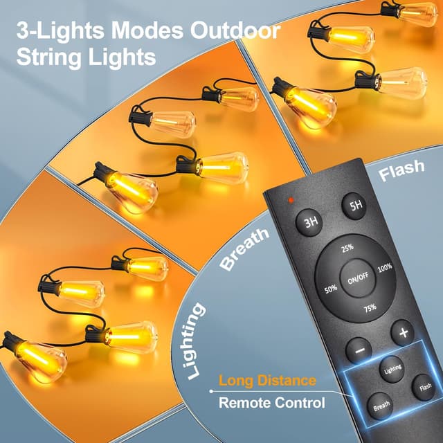 Detalle de Outdoor Lights String Patio Outside (100ft) LED Waterproof ST38 Shatterproof Edison Bulbs with Remote, Dimmable