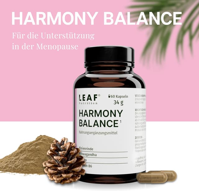 Detalle 2 de LEAF HARMONY BALANCE Balance-Kapseln für Frauen mit Vitamin B6, Ashwagandha, Pinienrinde & Ginkgo – 60 vegane Kapseln