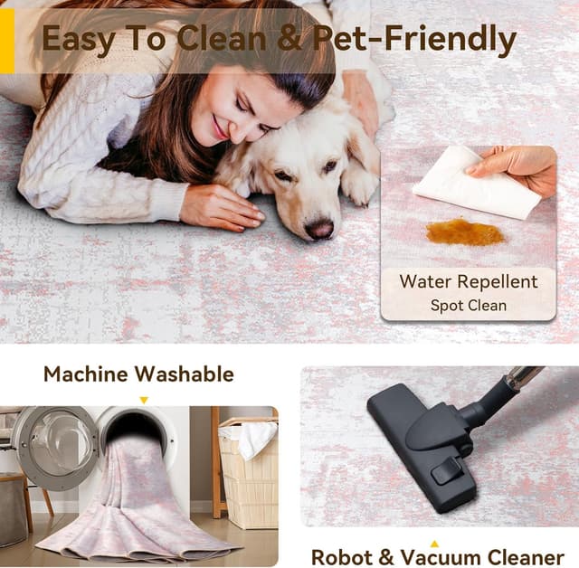 Thumbnail 4 de RELEANY Washable Area Rugs 8'x10' Non-Slip Modern Abstract (Grey Pink) — Tides Series