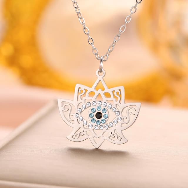 Detalle de Dreamtimes collier mauvais œil avec pendentif fleur de lotus en acier inoxydable pour femme