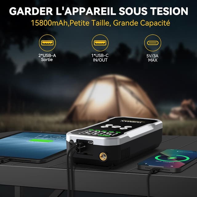 Detalle de YUSMAN Booster Batterie Voiture 6000A avec compresseur 150 PSI (12V) – démarrage portable + power bank 15800 mAh
