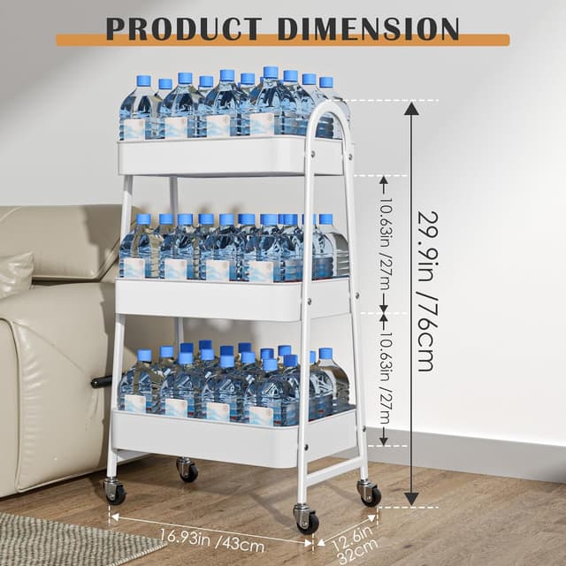 Detalle 2 de StowBin 3-Tier Metal Storage Trolley with Wheels – Rolling Utility Cart with Handle and Mesh Shelves (White)