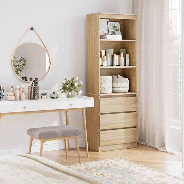 Detalle de FirFurd Bibliothèque haute chêne autoportante avec 3 étagères et 3 tiroirs, 60x35x180 cm