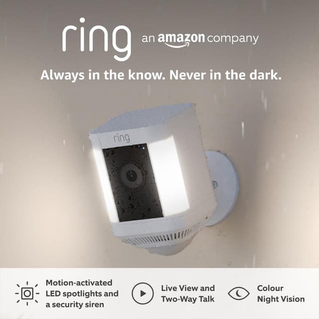 Detalle de Ring Spotlight Cam Plus Battery wireless outdoor security camera (1080p HD) with spotlights, siren and two-way talk