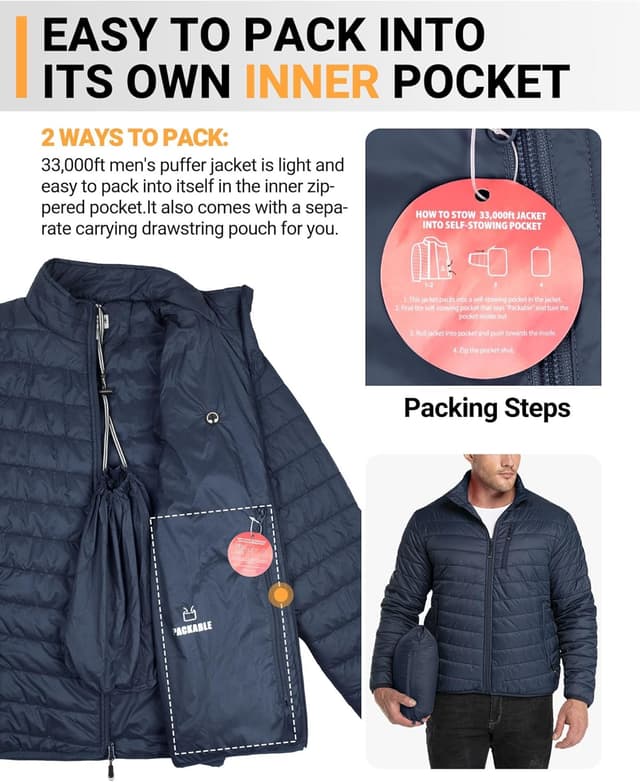 Detalle 2 de 33,000ft Herren Steppjacke leichte Übergangsjacke in Daunenjacken-Optik