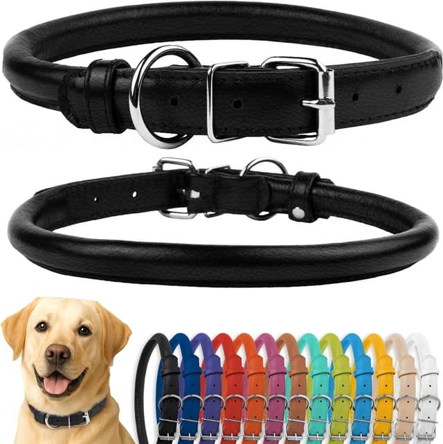 Detalle de CollarDirect Rolled Leather Dog Collar (Soft Padded Round) – Genuine Leather Puppy & Dog Collar, Black/Pink, Fits 20"–23" Neck