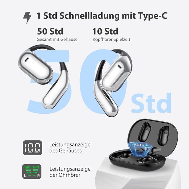 Detalle de EUQQ Open Ear Kopfhörer 50 Std kabellos (Bluetooth 6.1) mit flexiblen Ohrhaken und 4× ENC Mic