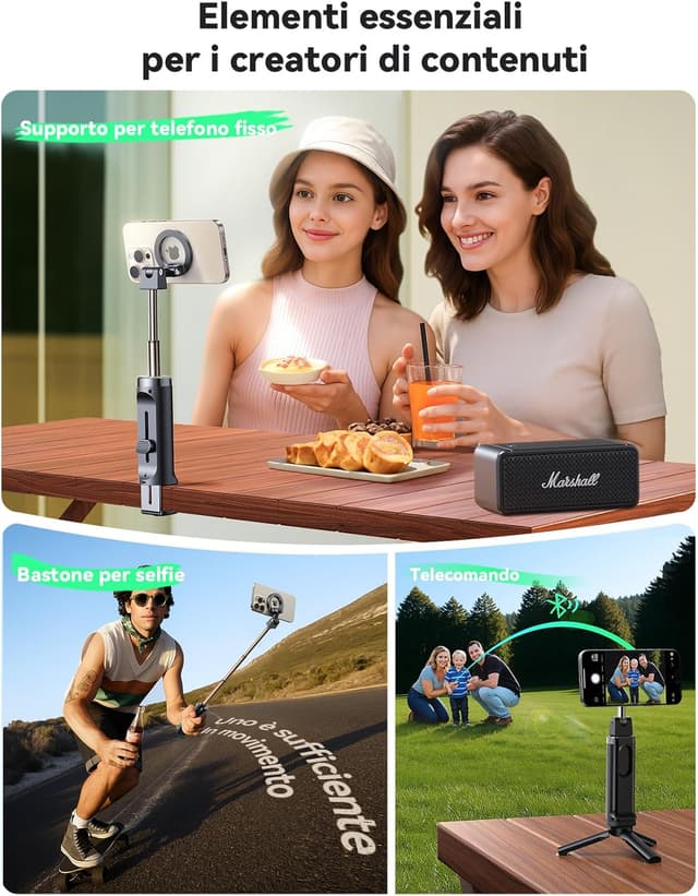 Detalle de JOYROOM MagSafe treppiede per smartphone all-in-1 con selfie stick, 360° e telecomando Bluetooth