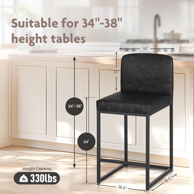 Detalle de ALPHA HOME 24" Bar Stools Set of 2 with Backs, PU Leather Kitchen Stools and Footrest (Black)