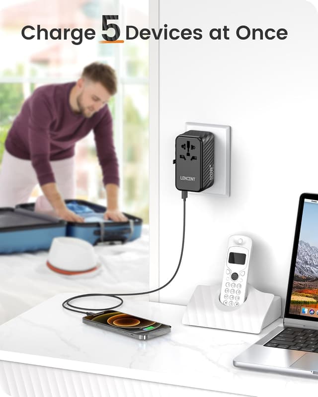 Detalle de LENCENT 120W Universal Reiseadapter Weltweit – Reise-Stecker mit 3× USB-A und 1× USB-C (GaN III)