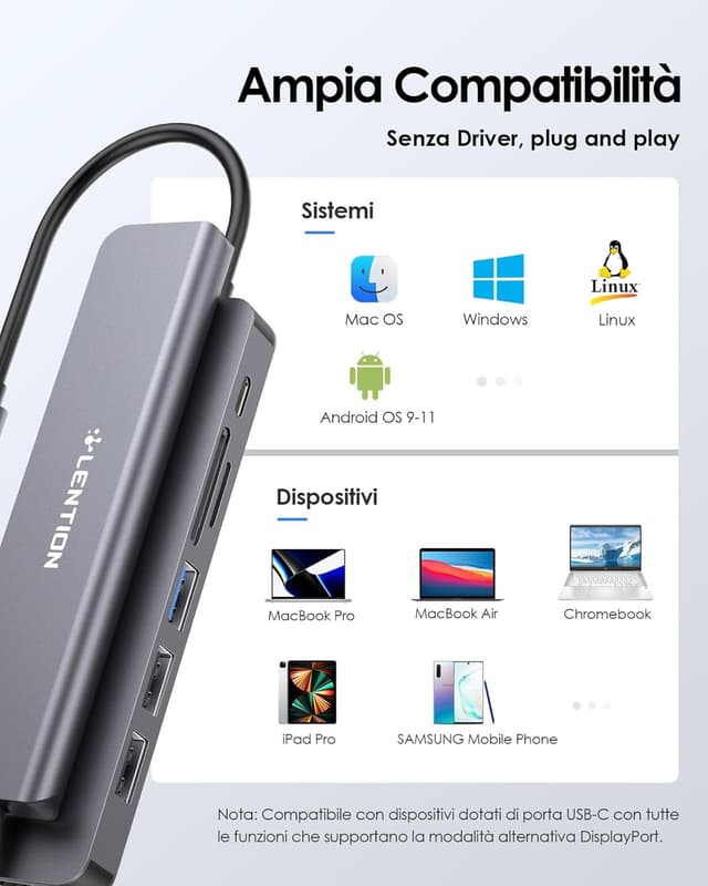 Thumbnail 6 de LENTION Hub USB-C 7 in 1 con HDMI 4K@60Hz e USB-C PD 100W, lettore SD/TF (alluminio)