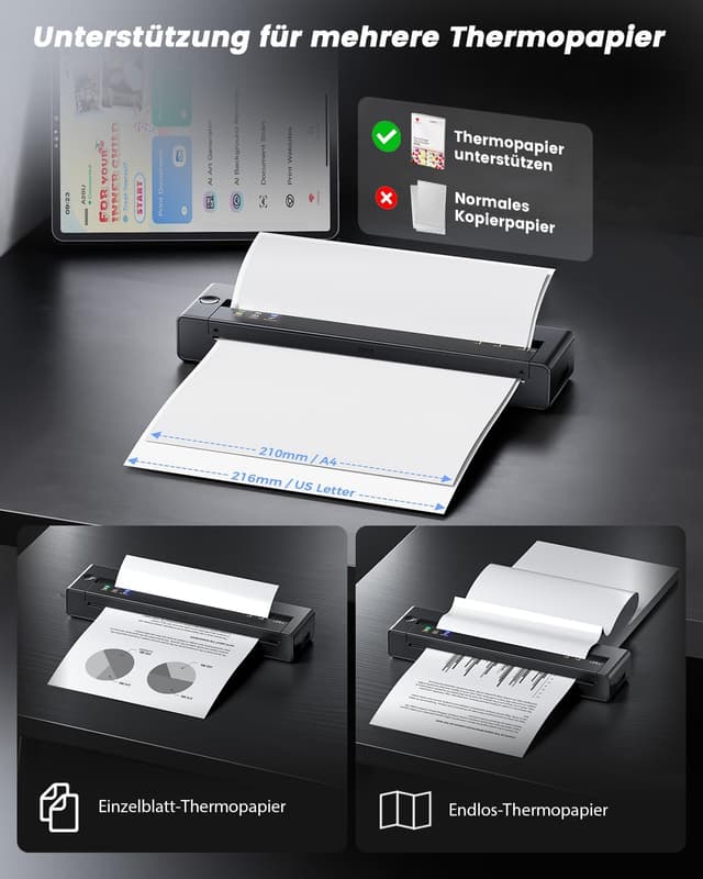 Detalle de TATTMUSE Thermodrucker A4 (Bluetooth, mobil) für A4/A5/B5 mit Thermopapier