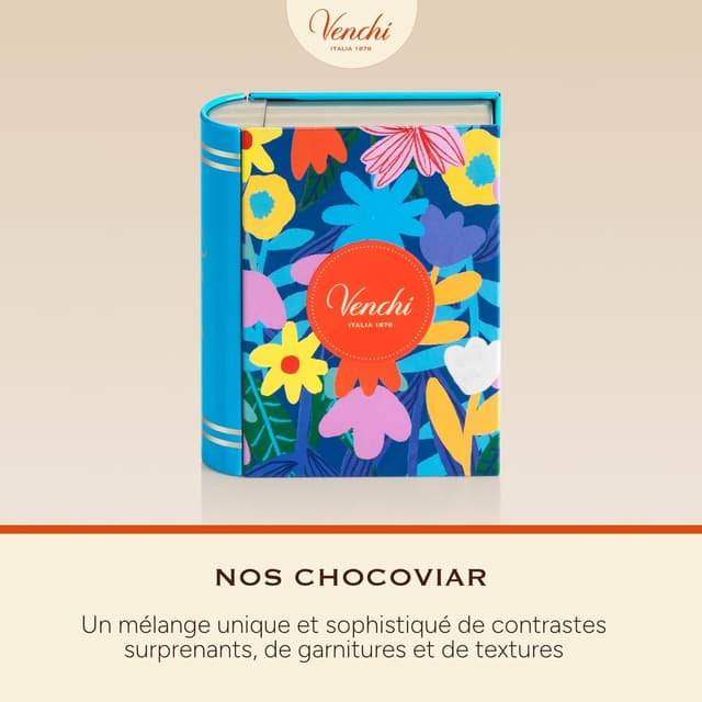Detalle de Venchi Mini Livre en métal avec 6 chocolats Chocoviar assortis (117 g) – Collection Printemps Teresa Rego