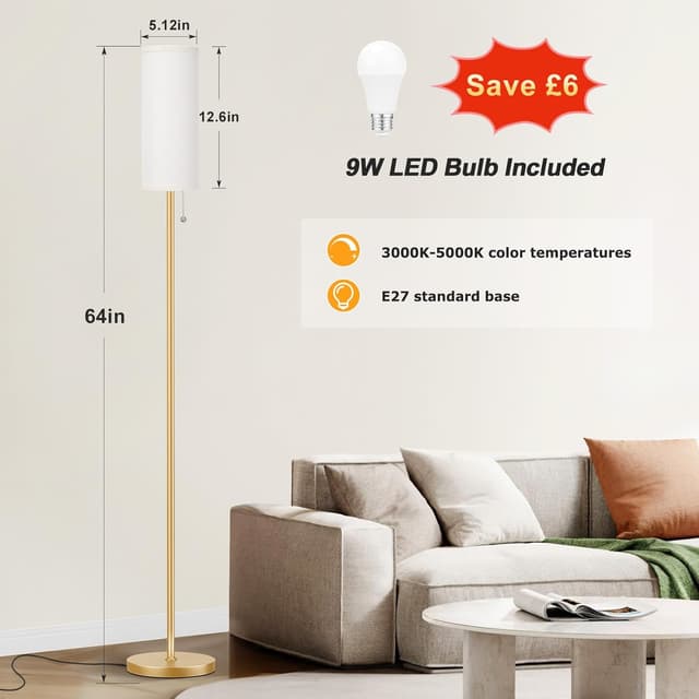 Thumbnail 1 de Aooshine Gold Floor Lamp 3 Colour Temperatures