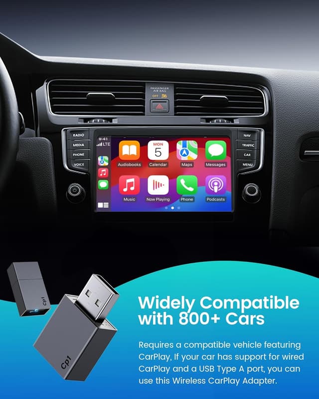 Detalle de YJLUUJL Wireless CarPlay Adapter for iPhone (Plug & Play, 5.8 GHz WiFi + Bluetooth 5.3) — for Cars from 2016