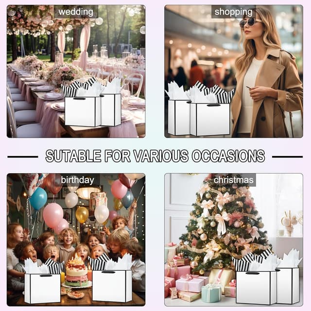 Detalle 2 de Offizon 12 Pack 12.5 inch White Gift Bags with Black & White Tissue Paper