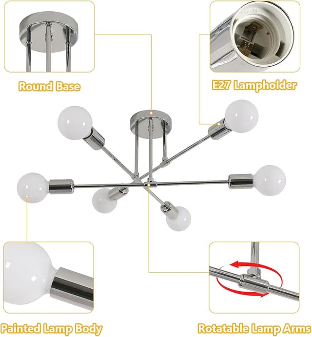 Detalle 2 de Goeco Lampadario Sputnik Vintage con 6 portalampada E27, metallo cromato (60 cm)