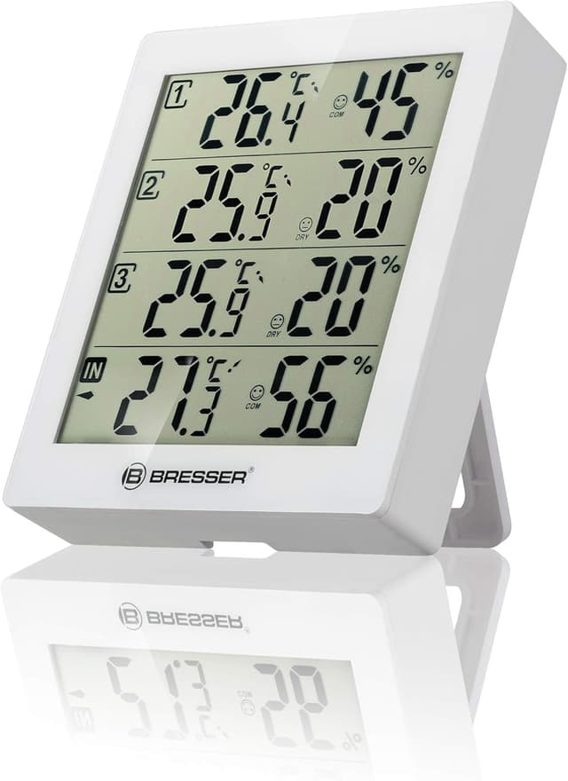 Detalle de BRESSER termoiogrometro bianco con 3 sensori remoti e stazione base LCD