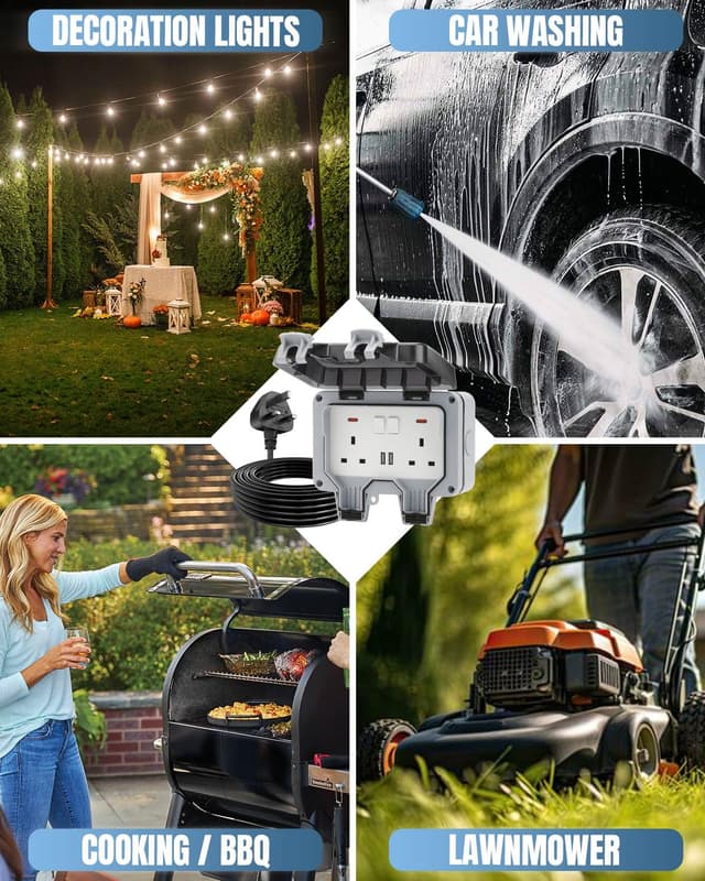 Thumbnail 6 de Olutula Outdoor Socket 3m Extension Lead with 2 USB Ports (Outdoor Waterproof IP66) – Double Weatherproof Wall Outlet