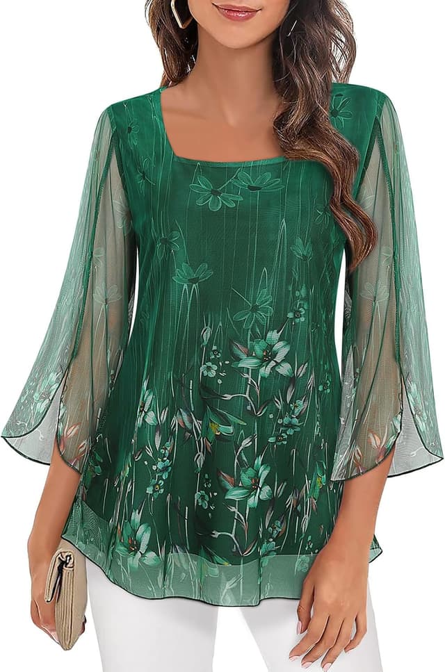 Detalle de Syphiby women’s chiffon square neck ruffle tunic top (3/4 sleeve, double layer mesh) M–3XL