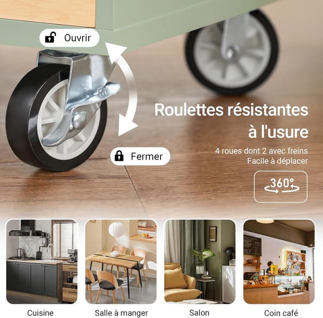 Thumbnail 6 de SoBuy FKW114-GR desserte de cuisine sur roulettes avec plan de travail en bois, rangement vert et naturel