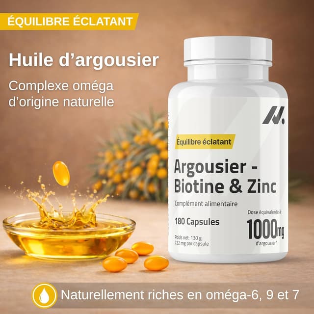 Detalle de Argousier avec Biotine Ultra 5 000 µg & Zinc – 180 capsules molles