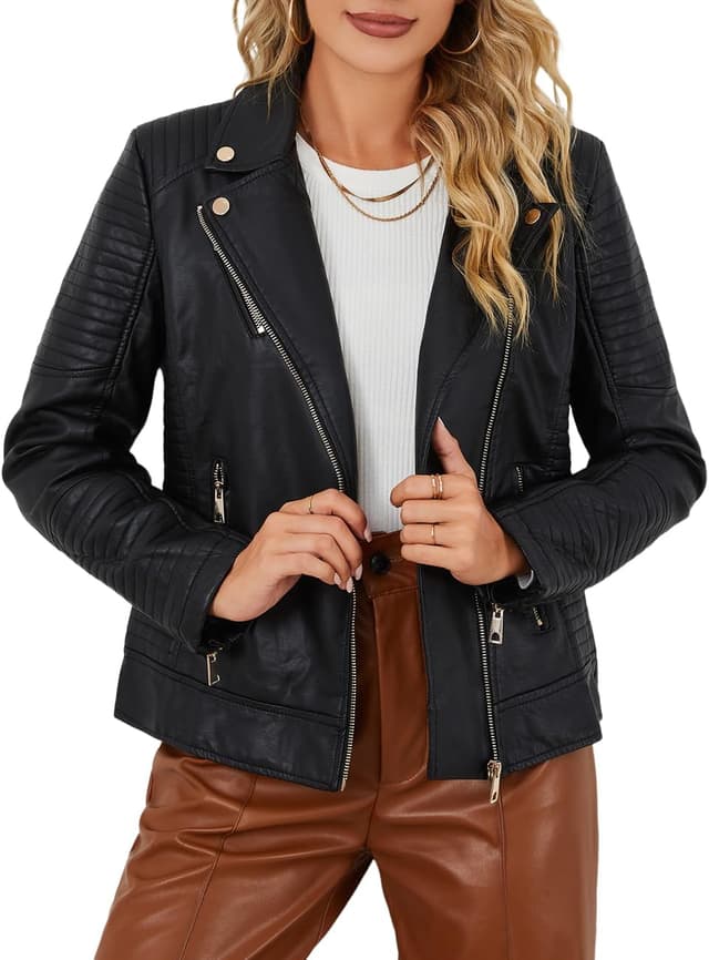 Detalle de Bellivera Women’s Faux Leather Casual Jacket (2025 Spring Trendy Motorcycle Outfit)