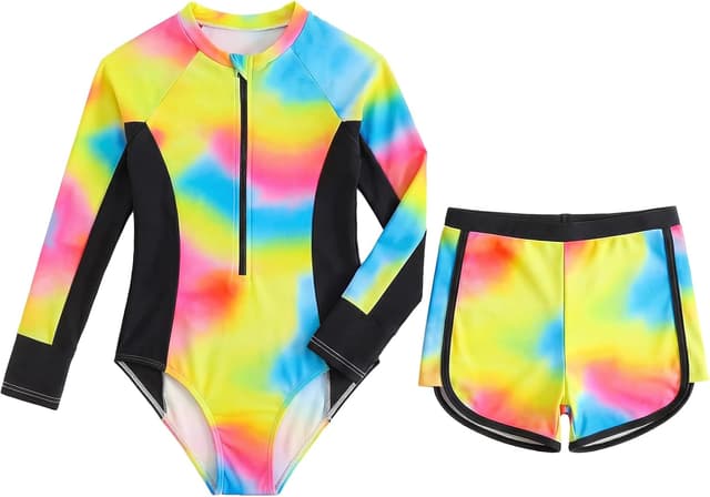 Detalle de JiAmy Mädchen Badeanzug Zweiteiler Set (Langarm UV-Schwimmshirt mit Badehose) für 7–12 Jahre, Gr. 122–152