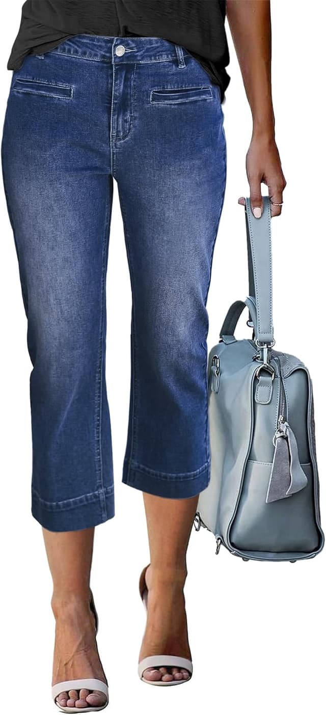 Detalle de luvamia Capri Jeans for Women — High-Waisted Slim Straight Stretch Denim Capris